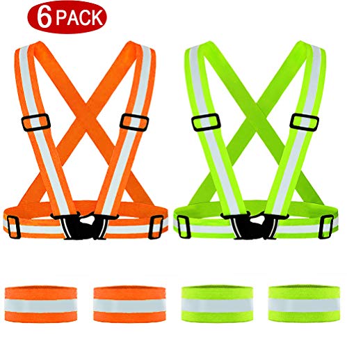 Product Cover Reflective Vest 2 Pack with 4 Reflective Wristbands Straps, High Visibility Safety Reflective Running Vest, Lightweight, Adjustable, Elastic Reflective Belt Bands for Hiking, Jogging, Walking, Cycling