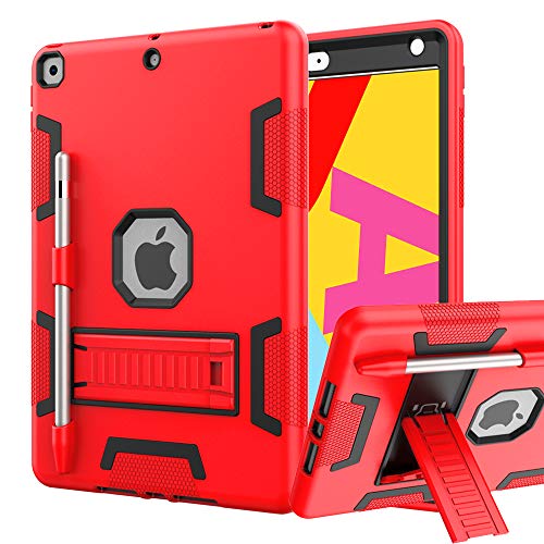 Product Cover iPad 7th Generation Case, iPad 10.2 2019 Case, Hybrid Three Layer Armor Shockproof Rugged Drop Protection Cover Built with Kickstand [Pencil Holder] for iPad 7th Generation 10.2 Inch 2019 (Red+Black)
