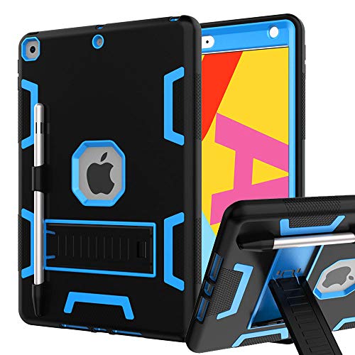 Product Cover iPad 7th Generation Case, iPad 10.2 2019 Case, Hybrid Three Layer Armor Shockproof Rugged Drop Protection Cover Built with Kickstand for iPad 7th Generation 10.2 Inch 2019 (Black+Blue)
