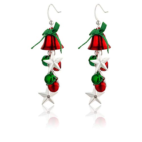 Product Cover Burning Love Christmas Gifts Long Jingle Bell Earrings Green Bow Red Bell Star Dangle Drop Earrings for Women Girls Holiday Gifts