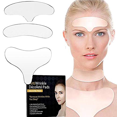 Product Cover Forehead Neck Chest Wrinkle Remover Anti Wrinkle Pad for Forehead Neck Chest Set of 3 Reusable 100% Medical Grade Silicone Most-Effective Way To Get Rid & Prevent Chest Wrinkles While You Sleep