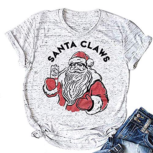 Product Cover Konsnm Womens Funny Short Sleeve Santa Claws T-Shirts Santa Claus Drinkinng Graphic Tees Tops (S, White)