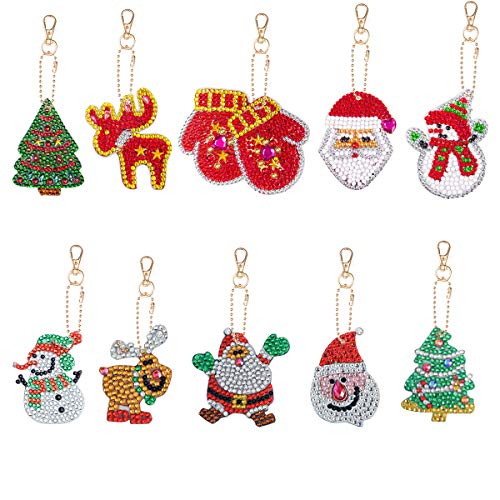 Product Cover Apipi Pack of 10 Christmas DIY Diamond Painting Keychain- 5D Rhinestone Mosaic Full Drill Paint with Diamond Handicraft Key Chain Pendant for Kid DIY Crafts Xmas Holiday Bag Decor Phone Strap Key Ring
