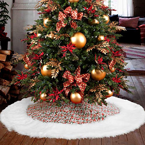 Product Cover MACTING 35 Inches Christmas Poinsettia Flowers Christmas Tree Skirt, White Plush Faux Fur Edges Classic Double Layer Xmas Tree Skirts for Christmas Tree Holiday Home Decorations (35