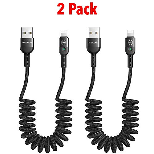 Product Cover [2 Pack] Anti Winding Cable, Mcdodo Retractable LED Coiled Cord Nylon Braided Sync Charge USB Data 6FT/1.8M Cable Compatible New Phone List Below (2 Pack Black, 6FT/1.8M)
