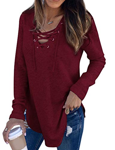 Product Cover Ezcosplay Women Lace Up V Neck Long Sleeve Tops Criss Cross V-Neck Basic Shirts Wine Red