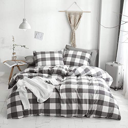 Product Cover HYPREST Washed Cotton 3 Piece Duvet Cover Queen - Gray Buffalo Plaid Duvet Cover- Ultra Soft Breathable Durable and Easy Care,Modern Style Bedding Set (Not Including Comforter)
