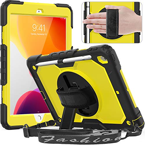 Product Cover Timecity Tablet Case for iPad 10.2, New iPad 7th Generation Case with Screen Protector Pencil Holder, 360°Rotatable Stand Adjustable Hand Strap Shoulder Strap Three Layer Protection Case, Yellow