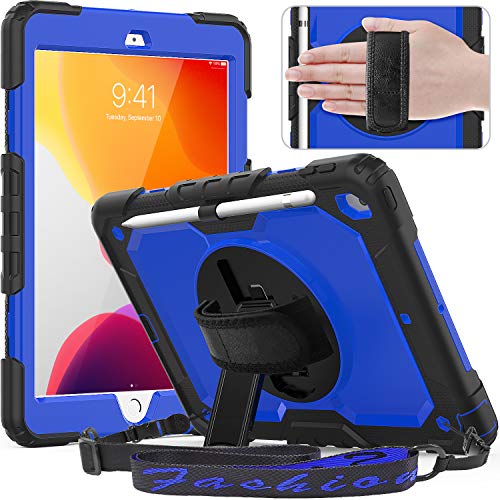 Product Cover Timecity iPad 10.2 Case 2019, iPad 7th Generation Case with Pencil Holder, 360° Rotatable Stand with Hand Strap Shoulder Strap, Built-in Screen Protector Schockproof iPad 7 Generation Case, Dark Blue