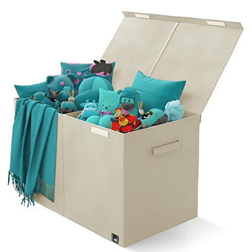 Product Cover Toy Chest - 2 Bin Collapsible Storage Organizer with Lid for Kids Playroom | Box Stores Stuffed Animals, Linen, Groceries and More | The Oxford Collection, Beige
