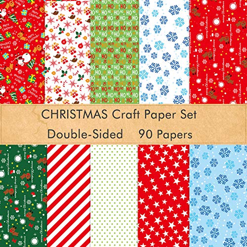 Product Cover FEPITO 90 Sheets Christmas Pattern Paper Set, 14 x 21cm Decorative Paper for DIY Scrapbook Card Making Decoration, 10 Designs