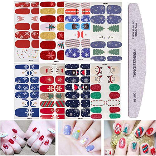 Product Cover Tingbeauty Christmas Full Nail Stickers, 8 Sheets Nail Art Polish Stickers Nail Wrap Adhesive Nail Decals With 1Piece Nail Buffers Files