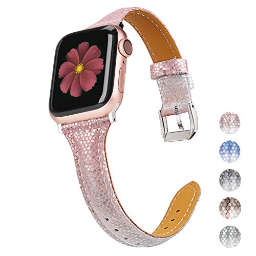 Product Cover Wearlizer Leather Compatible with Apple Watch Bands' 42mm 44mm for iWatch Womens Gradient Glitter Smooth Thin Shiny Wristband Bling Slim Feminine Soft Stylish Strap, Series 5 4 3 2 1 Sport-Pink White