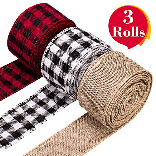 Product Cover Whaline 3 Rolls Christmas Wired Edge Ribbons, 30 Yards x 2 Inches Black Red Plaid Ribbon, Black White Buffalo Plaid Ribbon and Burlap Craft Ribbon for Gift Wrapping, Christmas Crafts Decoration