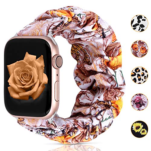 Product Cover Moretek Scrunchie bands Compatible with Apple Watch Band 38mm 40mm 42mm,Soft Pattern Printed fabric Sport Replacement Wristbands for Women Men with iWatch Series 4 5 Series 3/2/1(Yellow Rose, 38/40mm)