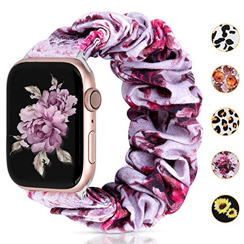 Product Cover Moretek Scrunchie bands Compatible with Apple Watch Band 38mm 40mm 42mm,Soft Pattern Printed fabric Sport Replacement Wristbands for Women Men with iWatch Series 4 5 Series 3/2/1(Purple Rose, 38/40mm)