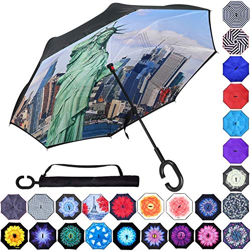Product Cover Double Layer Inverted Umbrellas Reverse Folding Umbrella Windproof UV Protection Big Straight Umbrella Inside Out Upside Down for Car Rain Outdoor With C-Shaped Handle