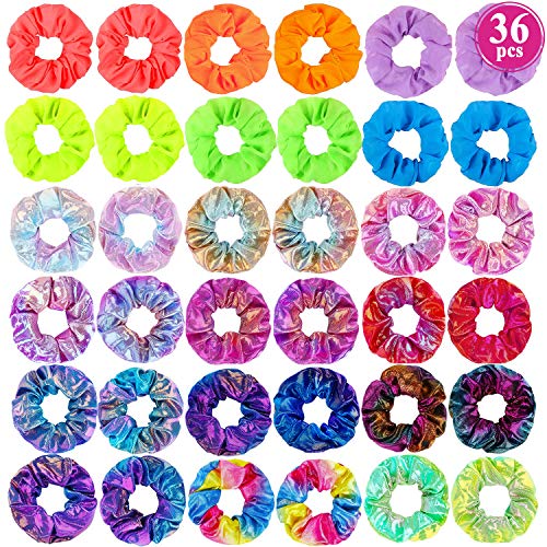 Product Cover Shiny Metallic Scrunchies, Funtopia 36 Pcs Colorful Mermaid Hair Scrunchies and Neon Scrunchies for Women Girls, Rainbow Scrunchy Hair Ties Ponytail Holder for Gym Dance Party Club