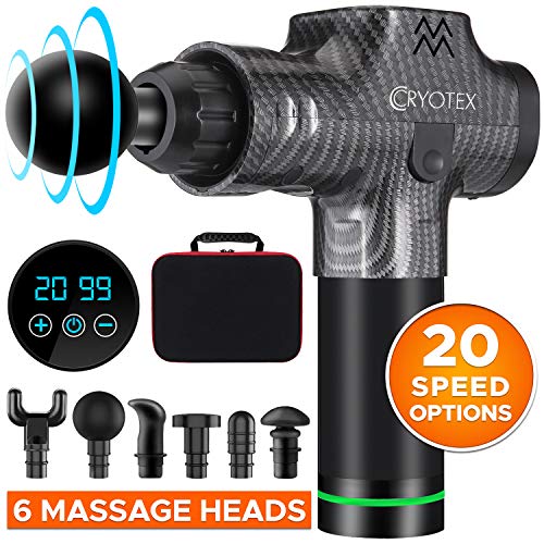 Product Cover Cryotex Massage Gun - Deep Tissue Handheld Percussion Massager - Six Different Heads for Different Muscle Groups - 20 Speed Options