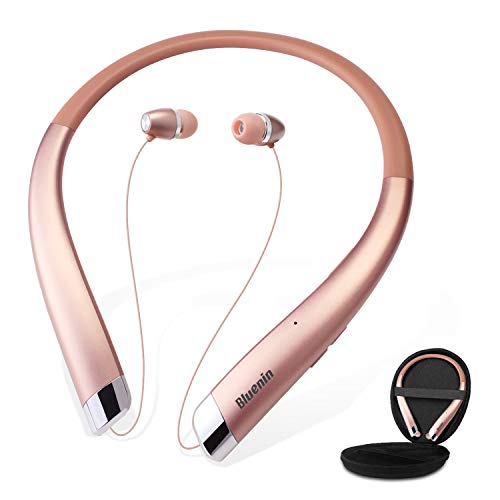 Product Cover Bluetooth Headphones, Bluenin Wireless Neckband Headset with Auto Retractable Earbuds, Sports Sweatproof Noise Cancelling Stereo Earphones with Mic (Rose Gold)