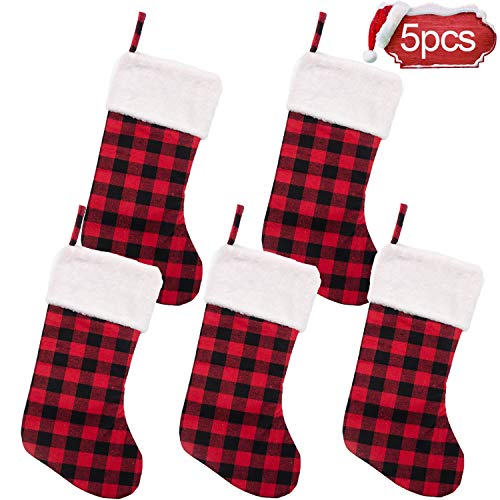 Product Cover Iceyyyy Christmas Stockings - 16.5 Inch Red and Black Buffalo Plaid Christmas Stockings Ornament with Plush Cuff for Family Holiday Xmas Party Decorations (5Pcs)