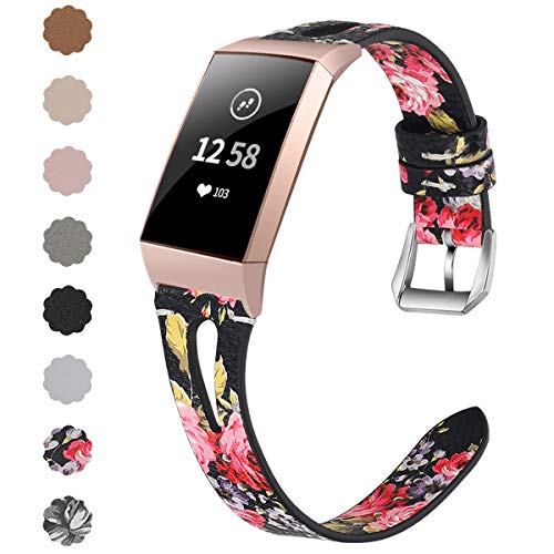 Product Cover NANW Leather Bands Compatible with Fitbit Charge 3/Charge 3 SE, Slim Genuine Leather Band Replacement Accessories Strap Women Man Wristbands, Large Small