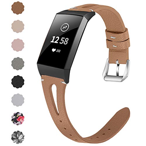 Product Cover NANW Leather Bands Compatible with Fitbit Charge 3/Charge 3 SE, Slim Genuine Leather Band Replacement Accessories Strap Women Man Wristbands, Large Small