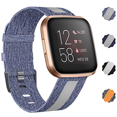 Product Cover NANW Woven Bands Compatible with Fitbit Versa 2 / Versa/Versa Lite, Breathable Woven Fabric Strap, Reflective Strip Replacement Wristbands Accessories Women Man for Versa Smart Watch