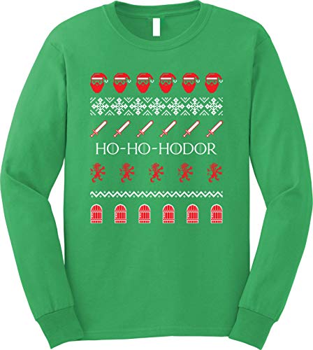 Product Cover GunShowTees Ho Ho Hodor Ugly Christmas GoT Long Sleeve T-Shirt, Large, Green