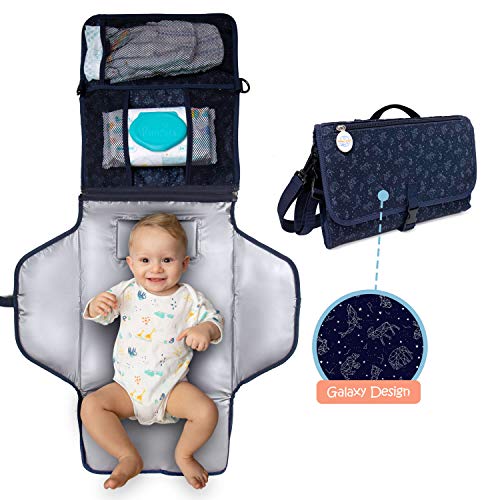Product Cover BabyOrbit Portable Diaper Changing Pad - Compact Waterproof Changing Mat - Blue Baby Changing Pad with Memory Foam Pillow for Comfort - Zipper Pockets for Diapers, Wipes and Lotion