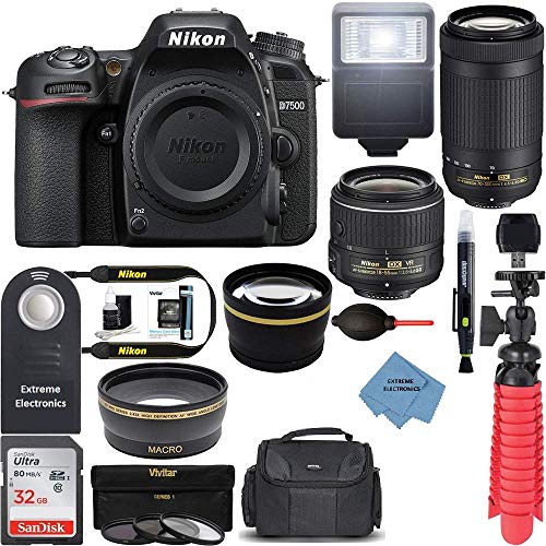 Product Cover Nikon D7500 20.9MP DX-Format Digital SLR Camera with 18-55 VR & 70-300 AF-P VR Lens +Extreme Accessory Bundle