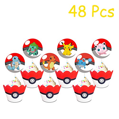 Product Cover 48 Cupcake Toppers and Cupcake Wrappers Liners for Pikachu Pokemon Kids Birthday Party Cake Decorations