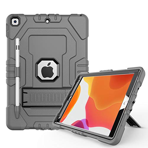 Product Cover Case for iPad 10.2 2019,iPad 7th Generation Case,Digital Hutty Hybrid Three Layers Armor Shockproof Heavy Duty Protective Case with Kickstand,Pencil Holder Gray