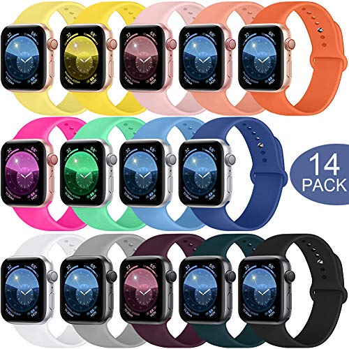Product Cover SWHAS Sport Bands Compatible with Apple Watch Band 40mm 44mm 38mm 42mm, Soft Silicone Sport Strap Replacement Wristband for iWatch Series 5 4 3 2 1, for Women Men (14packA, 44mm/42mm S/M)