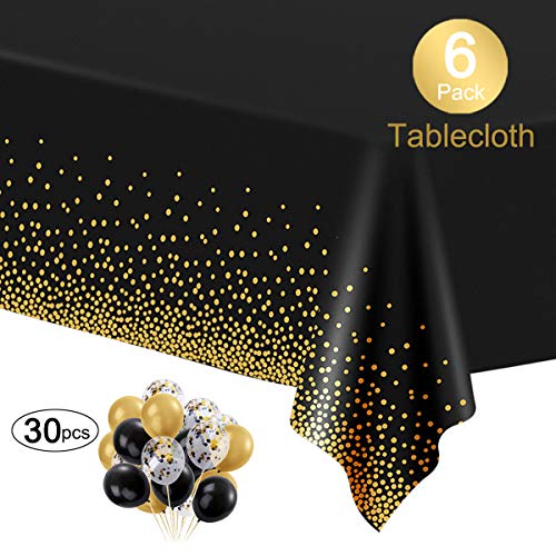 Product Cover Black and Gold Plastic Tablecloths for Rectangle Tables, 6 Pack Disposable Party Table Cloths, Gold Dot Confetti Table Covers with 30 Balloons for Birthday, Graduation, Cocktail Parties, 54