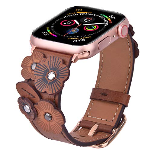 Product Cover V-MORO Flowers Leather Bands Compatible with Apple Watch Bands 38mm 40mm Series 5/4/3/2 with Stainless Steel Buckle Rose Gold Replacement Strap Wristbands Women (Vintage Brown-38mm)