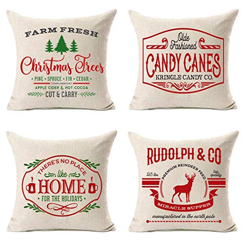 Product Cover MFGNEH Christmas Decor Throw Pillow Cover 18x18 Inch Winter Holiday Christmas Trees Christmas Deer Candy Canes Cotton Linen Cushion Case for Sofa Couch Set of 4