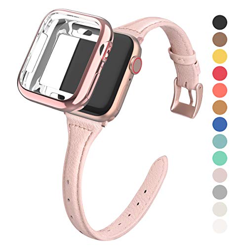 Product Cover MARGE PLUS Compatible Apple Watch Band with Case 44mm 42mm Women, Slim Genuine Leather Watch Strap with Soft TPU Protective Case Replacement for iWatch Series 5 4 3 2 1, Pink