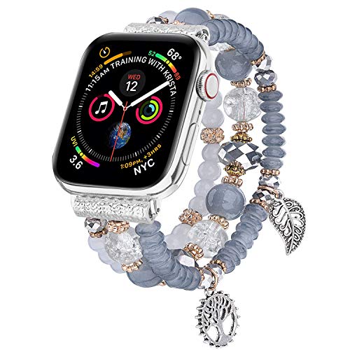 Product Cover V-MORO Bracelet Compatible with Apple Watch Band 44mm/42mm Series 5 4 Women Fashion Handmade Elastic Stretch Beads Replacement for iWatch Series 3/2/1 42mm/44mm with Silver Stainless Steel Adapter