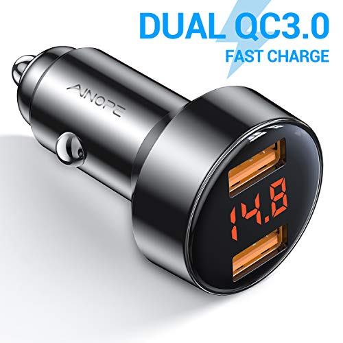 Product Cover AINOPE Car Fast Charger, Dual QC3.0 Port 6A/36W USB Car Charger All Metal Cigarette Lighter USB Charger Voltage Display Compatible with iPhone 11/11 pro/XR/X/XS/8, Samsung Note 8/S9/S10+/S8 - Black