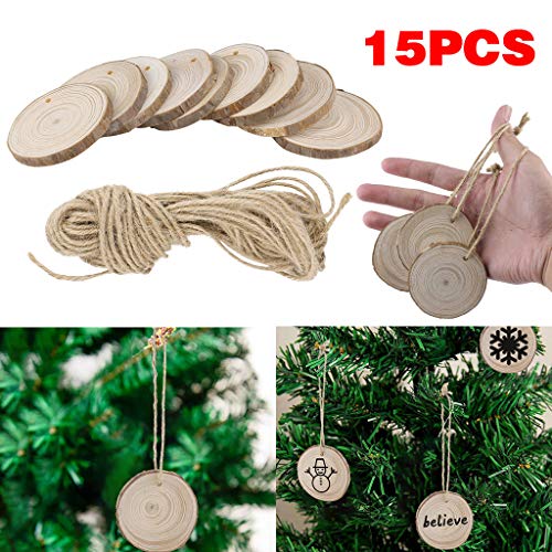 Product Cover LANGMAN 15 pcs Hanging Wood Slices + 1 x 100cm Twines, DIY Craft Christmas Tree Ornaments (A)