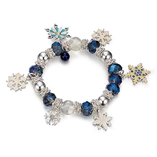 Product Cover RareLove Bling Christmas Blue Snowflake Charm Beaded Bracelet Stretch Strand Elastic Glass Dangle Beads Bell Rings for Women Girls