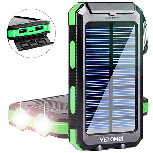 Product Cover Solar Charger,Yelomin 20000mAh Portable Outdoor Waterproof Mobile Power Bank,Camping Travel External Backup Battery Pack Dual USB 5V Output 2 LED Light Flashlight with Compass
