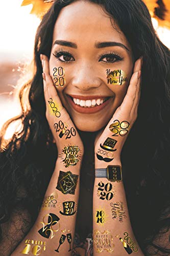 Product Cover New Year's Eve 2020 Black and Metallic Gold Temporary Tattoo Party Pack | Pack of 20 Tattoos Including Happy New Year, Gold Kisses, Roaring 20s, Top Hats, Champagne & more! | Party Supplies & Favors
