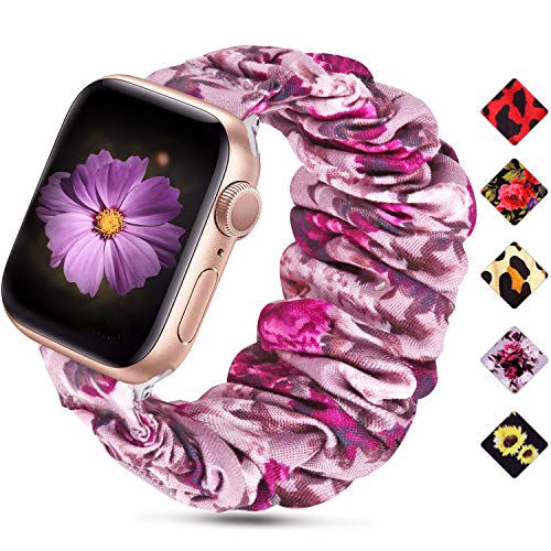 Product Cover Huishang Scrunchie Watch Band Compatible for Apple Watch Band 38mm 42mm 40mm 44mm, Soft Pattern Replacement Wristband Women Compatible with iWatch Apple Watch Series 5 4 3 2 1(Purple Flower,42/44mm)