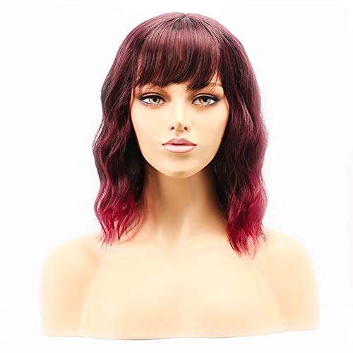 Product Cover DreamSoul Curly Wavy Bob Wigs With Air Bangs Natural Black Mix Wine Red wigs for women（14'')