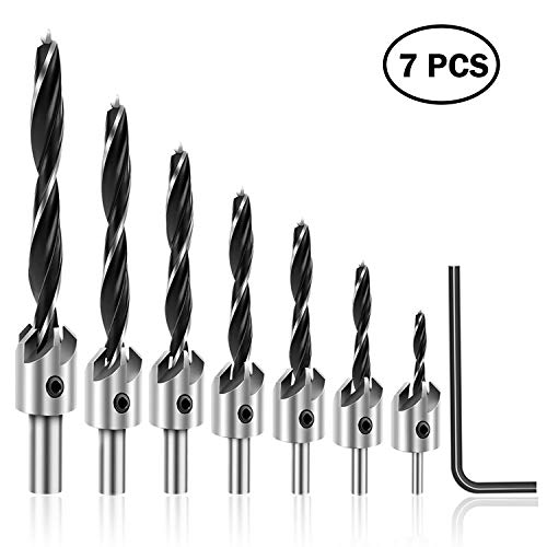 Product Cover 7PCS Countersink Drill Bit,HSS Drill Bit Set with One Hex Key Wrench and Adjustable Woodworking Chamfering Counter Bits Carpentry Reamer Plated Perfect for Plastic Wood DIY, 3-10mm