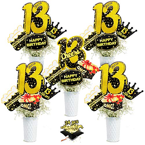 Product Cover 13th Birthday Party Centerpiece Sticks - Cheers To 13 Years Teenager Birthday Party Decoration - Set of 24 Golden Glitter Table Toppers Thirteen Birthday Party Table Supplies