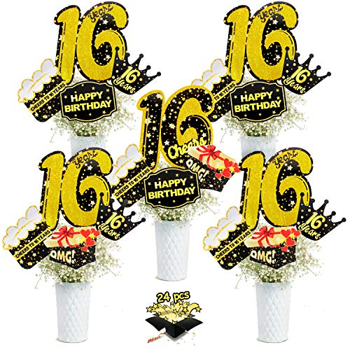 Product Cover 16th Birthday Party Centerpiece Sticks - Cheers To 16 Years Teenager Birthday Party Decoration - Set of 24 Golden Glitter Table Toppers Sixteen Birthday Party Table Supplies