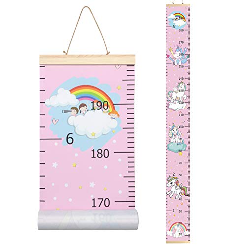 Product Cover PASHOP Kids Animal Dinosaur Growth Chart Baby Roll-up Wood Frame Canvas Fabric Removable Height Growth Chart Wall Art Hanging Ruler Wall Decor for Nursery Bedroom 79 x 7.9 Inch (Pink Unicorn)